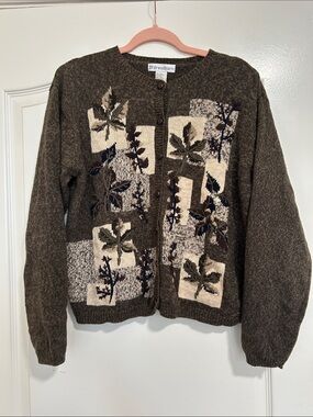 dressbarn Brown Botanical Patchwork Cardigan